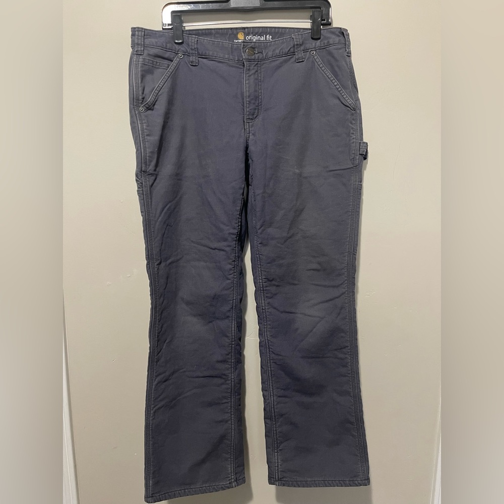 Carhartt Women's Original Fit Gray Canvas Work Pants Straight Leg Fleece Size 14